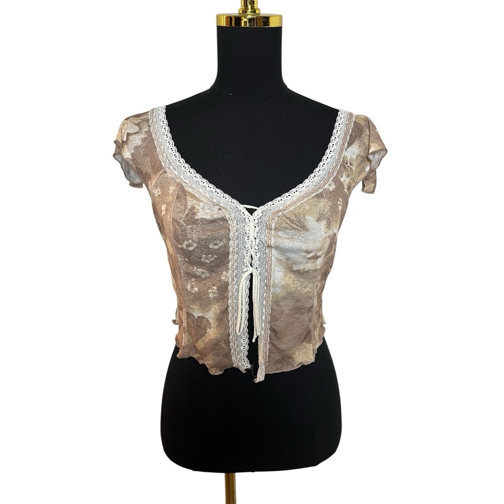 Kimchi Blue Crop Top S Brown Floral Lace Tie Front Boho Fairycore Y2K